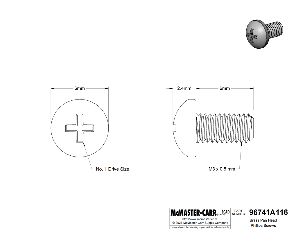 Technical Drawing of Brass Pan Head Phillips Screws, M3 x 0.5 mm Thread, 6 mm Long.